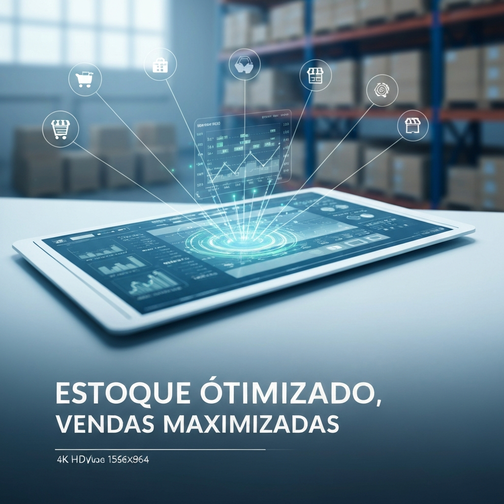 Imagem de um painel de controle digital moderno com gráficos e linhas conectando-se a ícones de marketplaces, simbolizando a gestão de estoque otimizada e a sincronização em tempo real para marketplaces. O fundo desfocado sugere um ambiente de logística organizado. A imagem ilustra as ferramentas e métodos essenciais para a gestão de estoque em marketplaces.