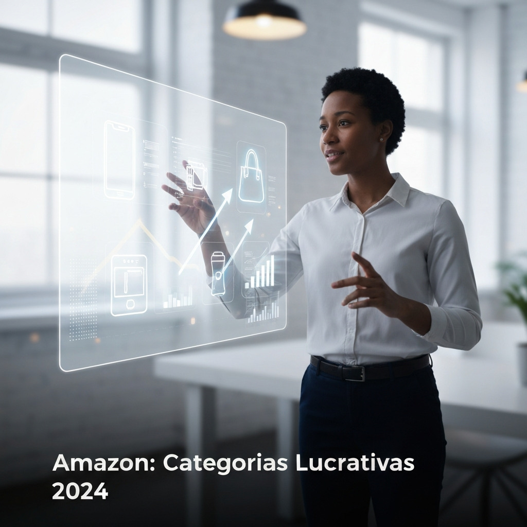 A diverse individual interacting with a holographic display showing profitable product categories like electronics, fashion, and home goods, with growth charts, representing the definitive guide to what to sell on Amazon in 2024.