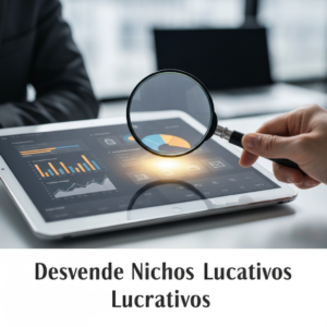 Imagem de uma mão segurando uma lupa sobre uma tela de tablet com dados de mercado, destacando um nicho lucrativo. Acompanha o texto "Desvende Nichos Lucrativos". Ilustra o guia passo a passo para encontrar nichos lucrativos na Amazon.
