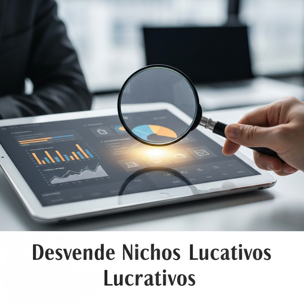Imagem de uma mão segurando uma lupa sobre uma tela de tablet com dados de mercado, destacando um nicho lucrativo. Acompanha o texto "Desvende Nichos Lucrativos". Ilustra o guia passo a passo para encontrar nichos lucrativos na Amazon.