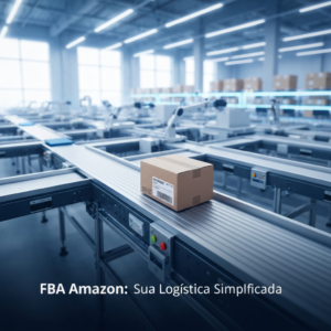 Imagem conceitual da logística FBA da Amazon no Brasil, mostrando um pacote sendo integrado a um sistema de automação de armazém, com o texto "FBA Amazon: Sua Logística Simplificada".