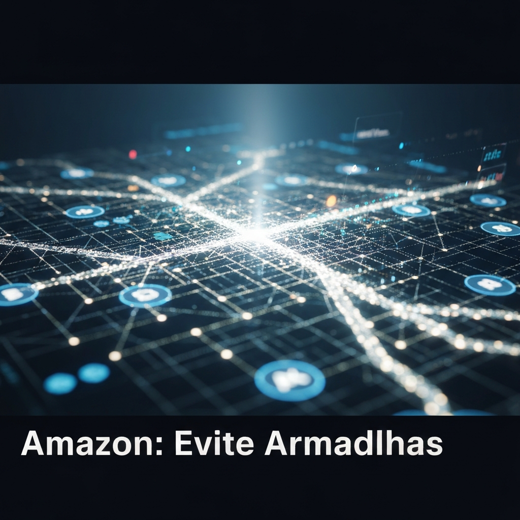 Uma pessoa navegando por um complexo labirinto de dados com um caminho claro e iluminado, simbolizando como evitar os 5 maiores erros ao escolher produtos para vender na Amazon e como preveni-los.