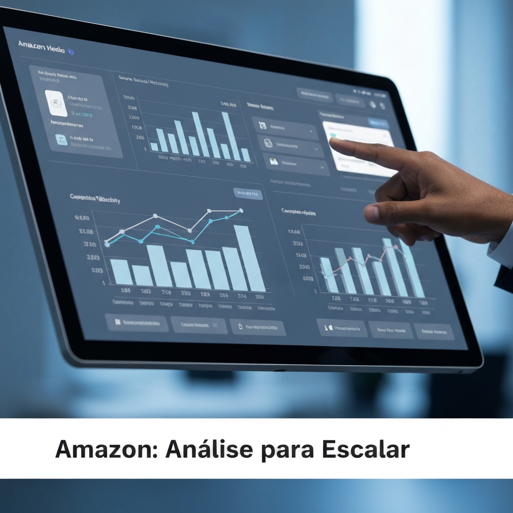 Digital dashboard showing Amazon competitive analysis data, charts, and graphs, with a hand interacting. The image illustrates advanced tools and strategies for scaling on Amazon through competitor analysis.