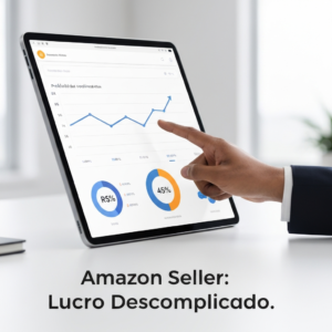 Imagem de um tablet ou laptop exibindo um painel financeiro simplificado com gráficos de lucro e custos otimizados para vendedores Amazon no Brasil, com uma mão profissional interagindo com a tela. O título da imagem é "O que são as taxas da Amazon Seller? Guia de Custos para Vendedores no Brasil".