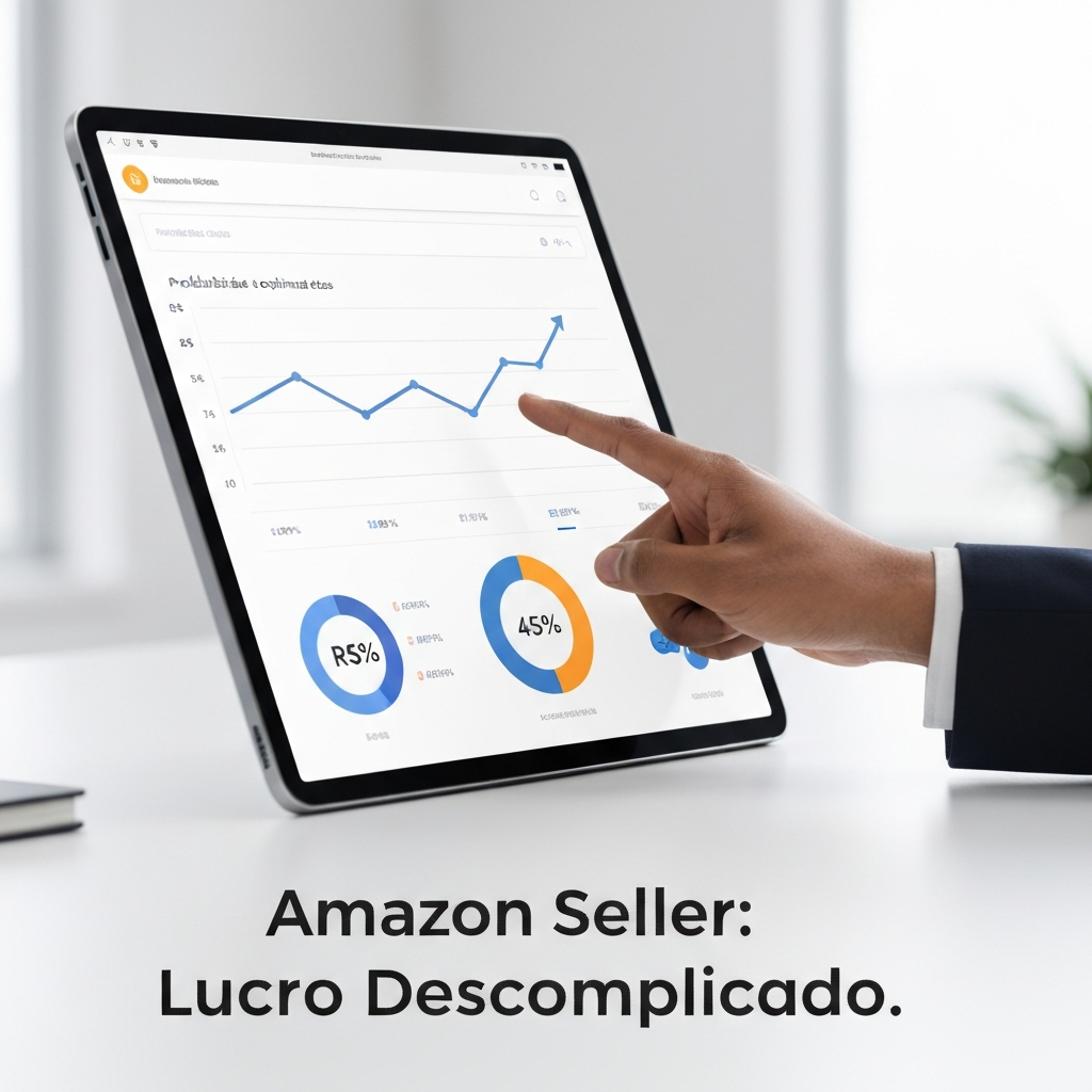 Imagem de um tablet ou laptop exibindo um painel financeiro simplificado com gráficos de lucro e custos otimizados para vendedores Amazon no Brasil, com uma mão profissional interagindo com a tela. O título da imagem é "O que são as taxas da Amazon Seller? Guia de Custos para Vendedores no Brasil".