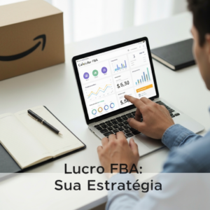 Uma imagem profissional e moderna mostrando mãos usando uma calculadora Amazon FBA em um tablet, com gráficos de lucro e notas estratégicas, ilustrando como calcular as taxas da Amazon e otimizar a lucratividade.