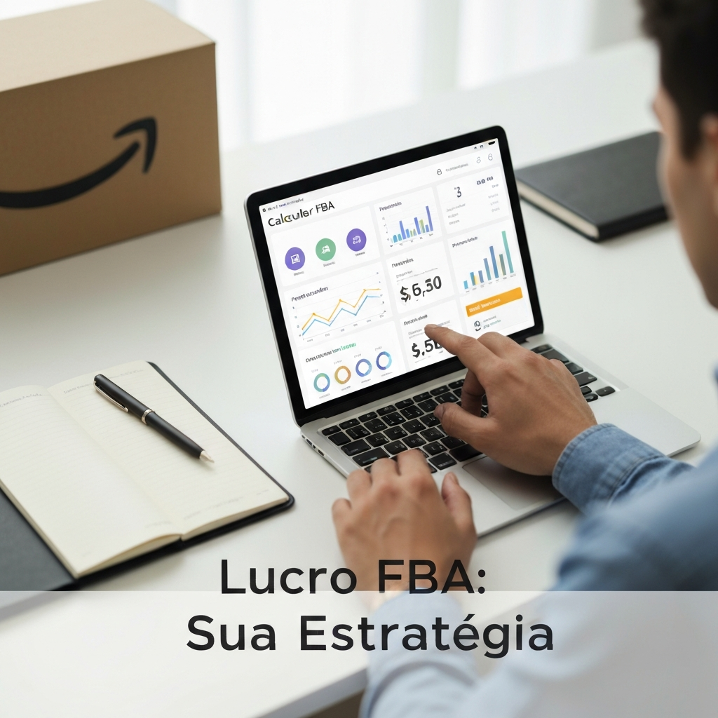 Uma imagem profissional e moderna mostrando mãos usando uma calculadora Amazon FBA em um tablet, com gráficos de lucro e notas estratégicas, ilustrando como calcular as taxas da Amazon e otimizar a lucratividade.