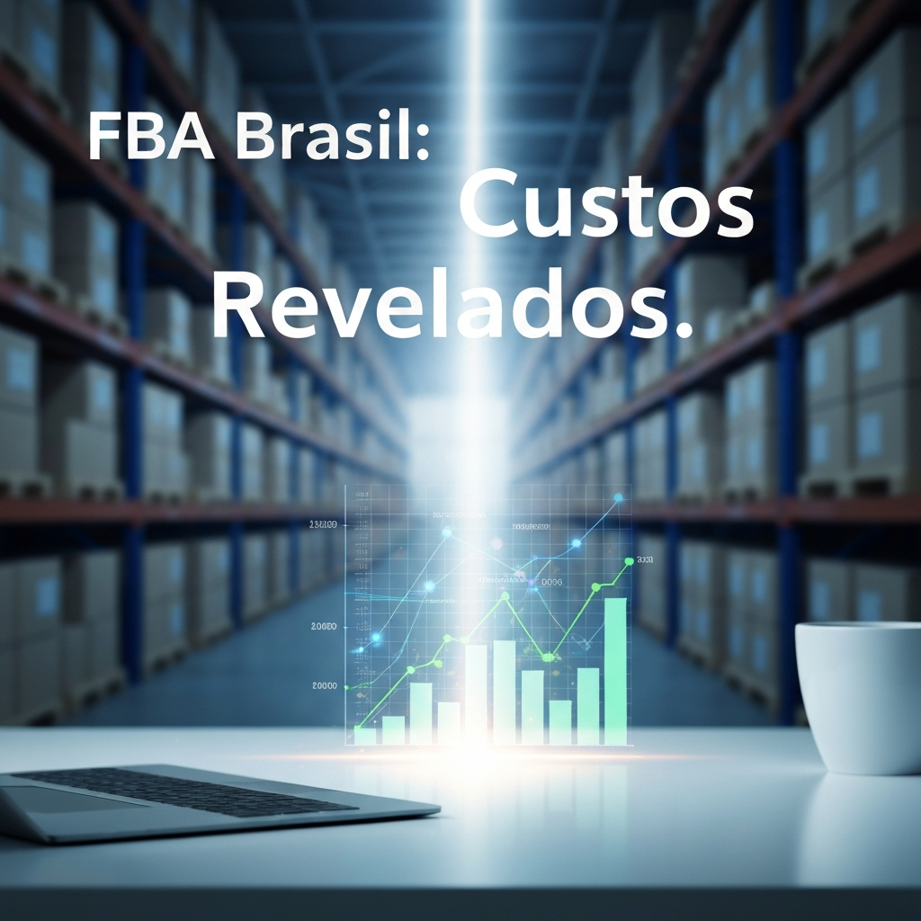 A holographic financial chart illuminated by a beam of light, symbolizing the revelation of hidden costs and a complete guide to Amazon FBA Brazil logistics and storage fees. The background shows a blurred warehouse, representing FBA operations.