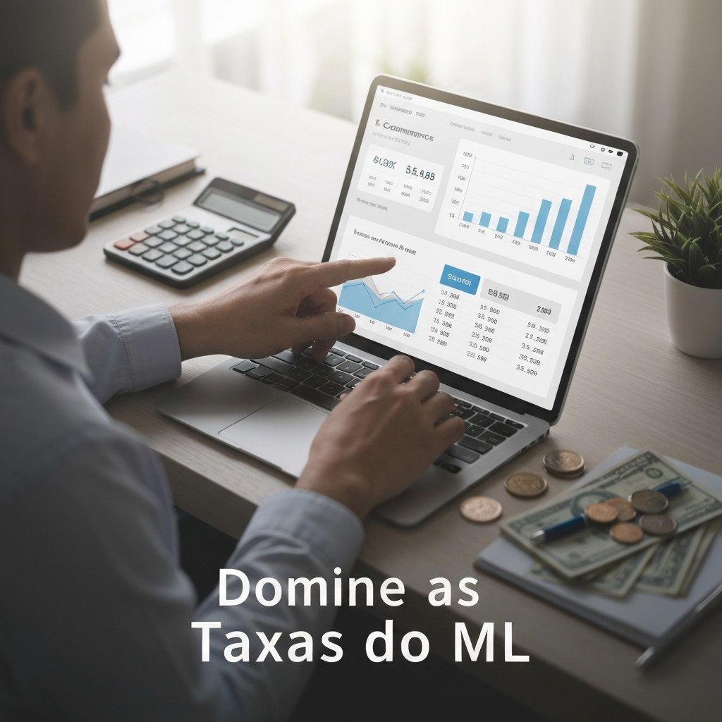 A person's hands calculating Mercado Livre fees on a tablet, with coins and a calculator nearby, illustrating how to understand and avoid surprises with all costs for selling on Mercado Livre.