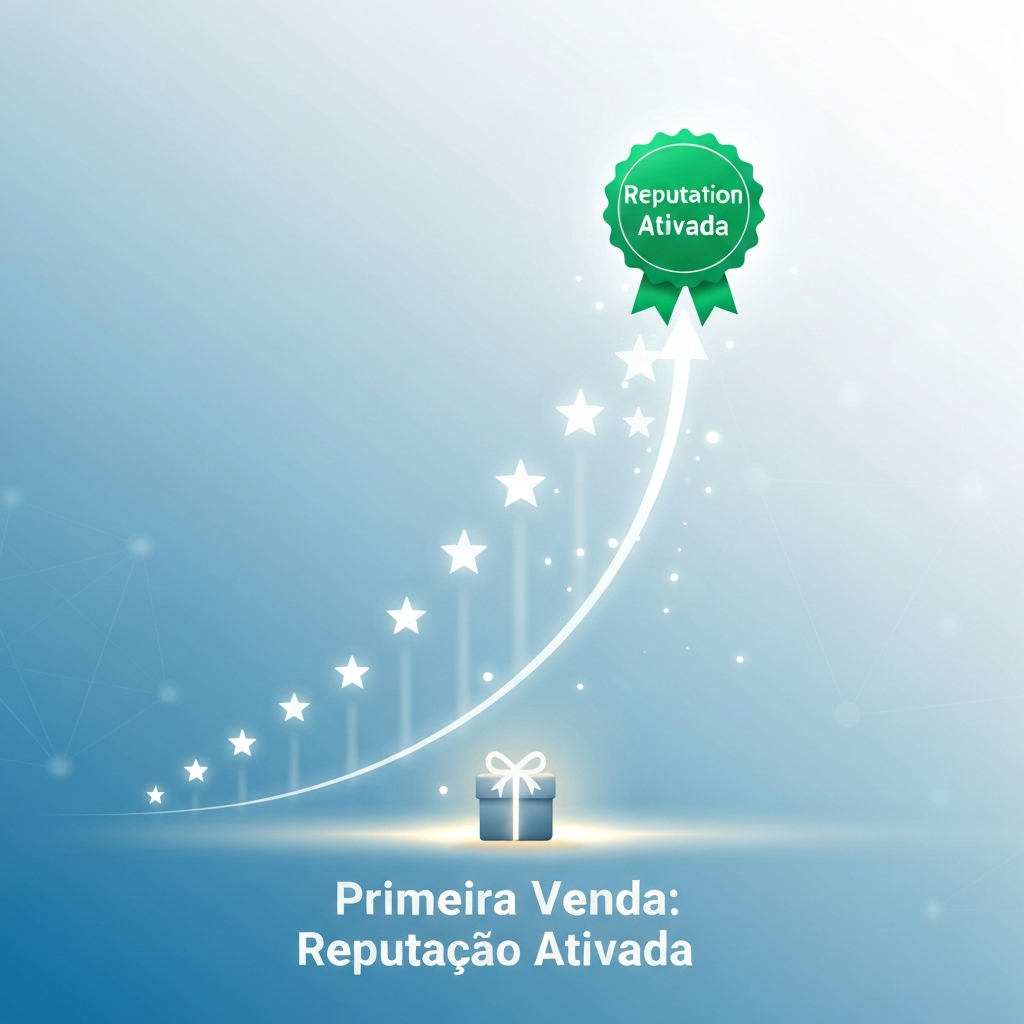 Ilustração minimalista mostrando um único pacote ou ícone de 'primeira venda' iniciando uma trajetória ascendente de estrelas brilhantes, culminando em um emblema vibrante de 'Reputação Ativada', simbolizando como fazer sua primeira venda no Mercado Livre e ativar sua reputação.