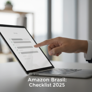 Mão interagindo com tablet exibindo checklist digital, representando os requisitos e o checklist definitivo para vender na Amazon Brasil em 2025.