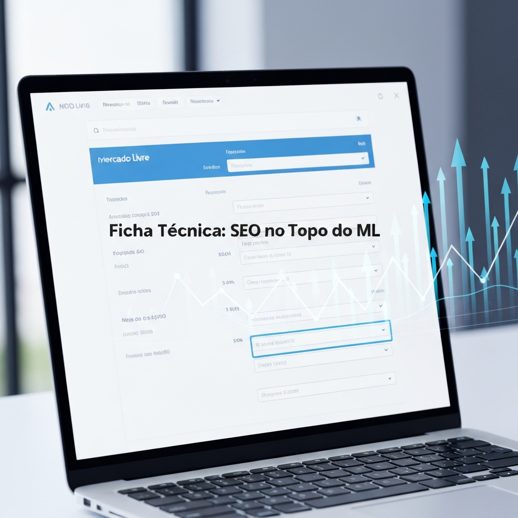 A laptop screen displaying a Mercado Livre product listing with highlighted data fields and upward-trending graphics, illustrating the optimization of product technical data sheets for SEO and increased visibility on Mercado Livre, as described in "Ficha Técnica no Mercado Livre: O Guia Completo para Otimização de SEO".