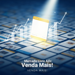 Uma ilustração digital profissional mostrando um cartão de produto brilhantemente iluminado e elevado acima de uma multidão de outros anúncios de produtos, com um feixe de luz e setas de crescimento, simbolizando o aumento de visibilidade e vendas no Mercado Livre Ads para iniciantes.