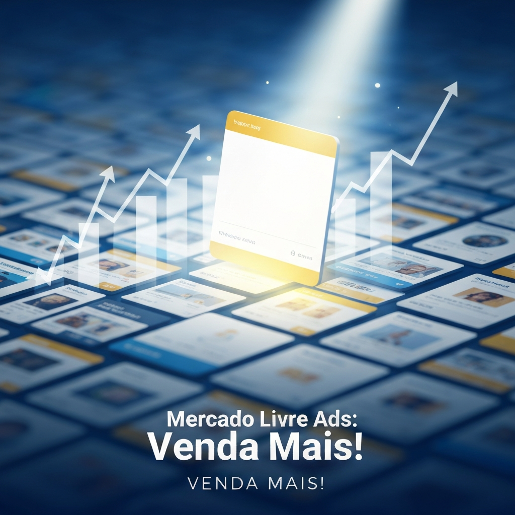 Uma ilustração digital profissional mostrando um cartão de produto brilhantemente iluminado e elevado acima de uma multidão de outros anúncios de produtos, com um feixe de luz e setas de crescimento, simbolizando o aumento de visibilidade e vendas no Mercado Livre Ads para iniciantes.