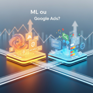 Digital concept image comparing Mercado Livre Ads and Google Ads, showing two distinct platforms balanced on a scale, representing the strategic choice for e-commerce business growth as discussed in 'Mercado Livre Ads vs. Google Ads: Qual a Melhor Opção para seu Negócio?'