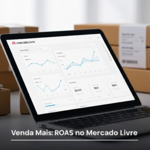 Imagem de um painel de Mercado Livre Ads em um laptop, mostrando gráficos de ROAS em crescimento e métricas de vendas, com o texto "Venda Mais: ROAS no Mercado Livre" sobreposto. Ilustra o guia definitivo para criar campanhas e vender mais com foco em ROAS.