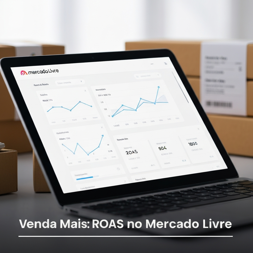 Imagem de um painel de Mercado Livre Ads em um laptop, mostrando gráficos de ROAS em crescimento e métricas de vendas, com o texto "Venda Mais: ROAS no Mercado Livre" sobreposto. Ilustra o guia definitivo para criar campanhas e vender mais com foco em ROAS.