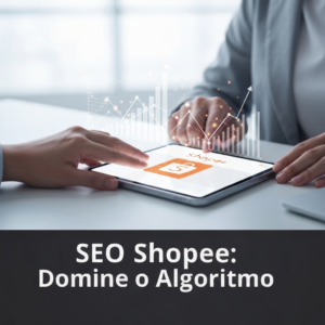 A person's hands interacting with a tablet showing the Shopee app, surrounded by glowing data graphs symbolizing SEO optimization and algorithm mastery for beginners, as described in 'O que é SEO para Shopee: Guia Completo para Iniciantes Dominarem o Algoritmo'.