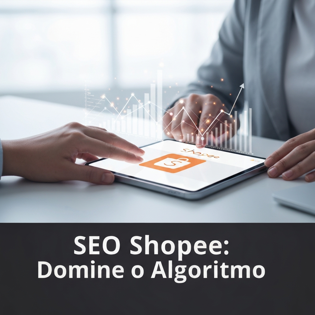 A person's hands interacting with a tablet showing the Shopee app, surrounded by glowing data graphs symbolizing SEO optimization and algorithm mastery for beginners, as described in 'O que é SEO para Shopee: Guia Completo para Iniciantes Dominarem o Algoritmo'.