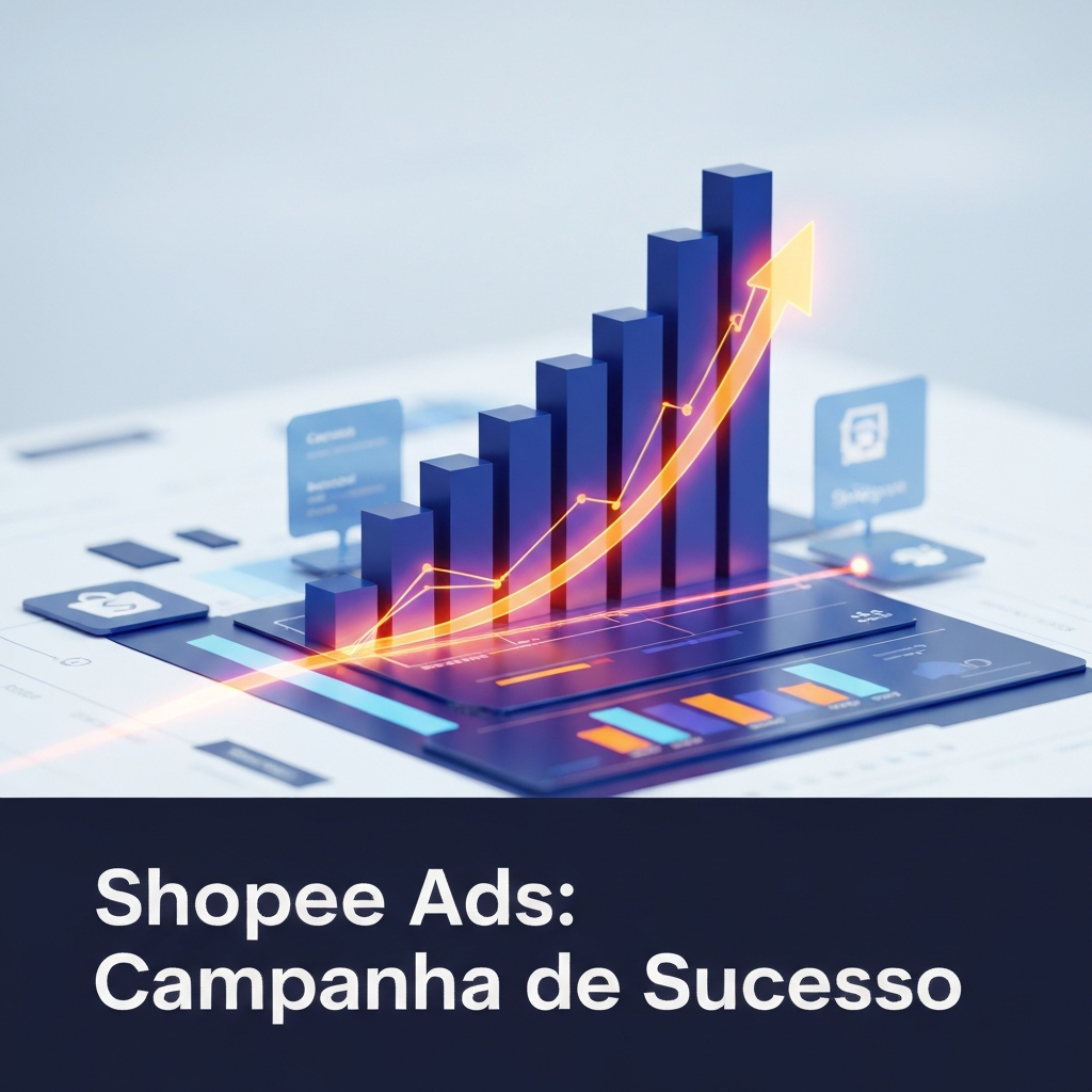 Imagem conceitual de crescimento digital e sucesso em campanhas Shopee Ads, com gráfico ascendente e elementos de e-commerce, ilustrando o guia "Como Usar Shopee Ads: Passo a Passo para Criar sua Primeira Campanha de Sucesso".