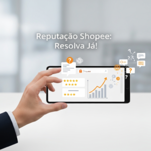 Digital illustration of a hand optimizing a tablet screen showing positive Shopee ratings and sales growth, symbolizing solutions to common reputation problems on Shopee.