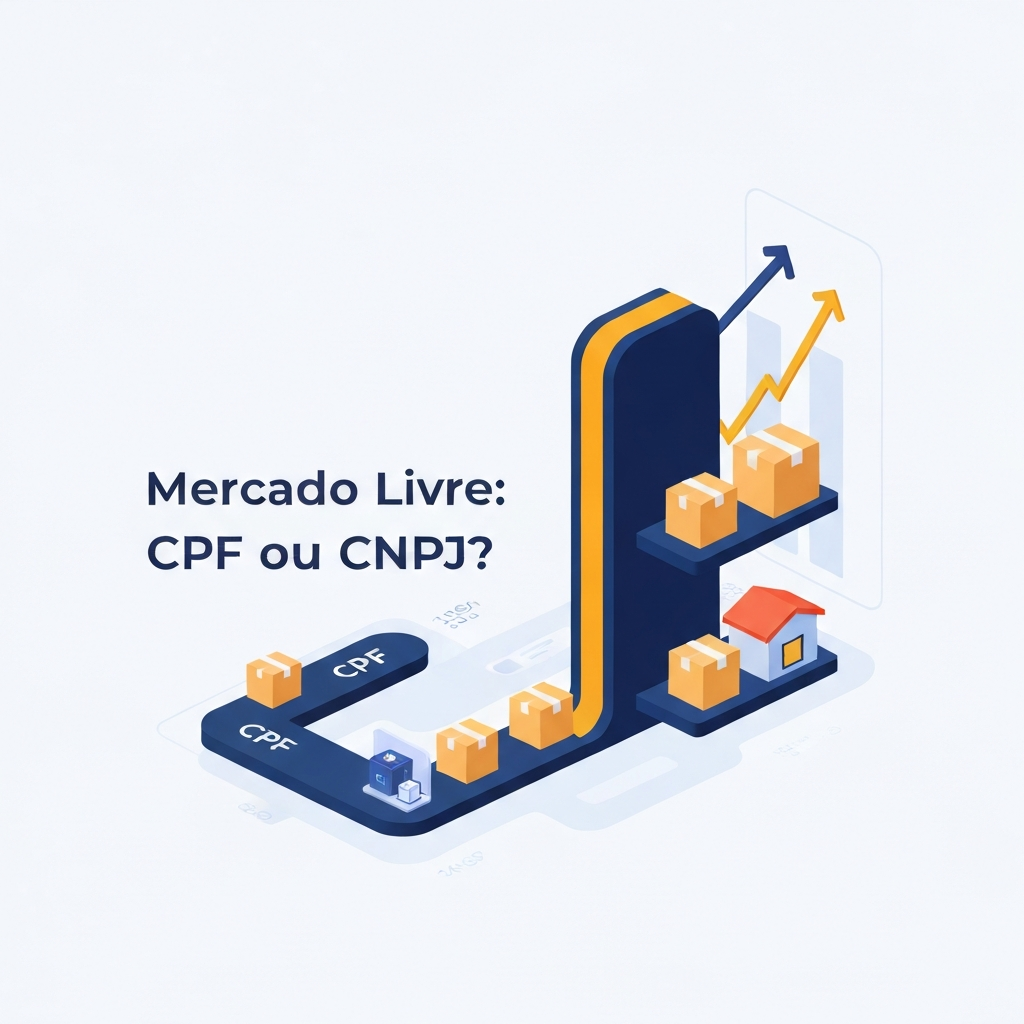 A visual representation of the article 'Vender no Mercado Livre com CPF ou CNPJ: Um Guia Completo', showing the transition from individual (CPF) selling to formalized business (CNPJ) selling on an e-commerce platform, with symbols of growth and increased capacity.