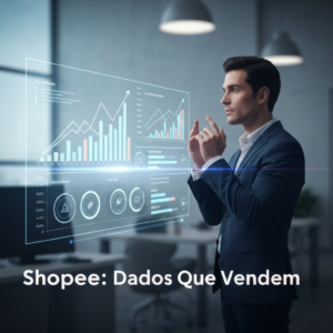 Imagem de uma pessoa de negócios focada analisando gráficos e dados de e-commerce em uma tela holográfica, com o texto "Shopee: Dados Que Vendem" sobreposto, ilustrando o guia avançado para otimizar vendas na Shopee através de métricas.