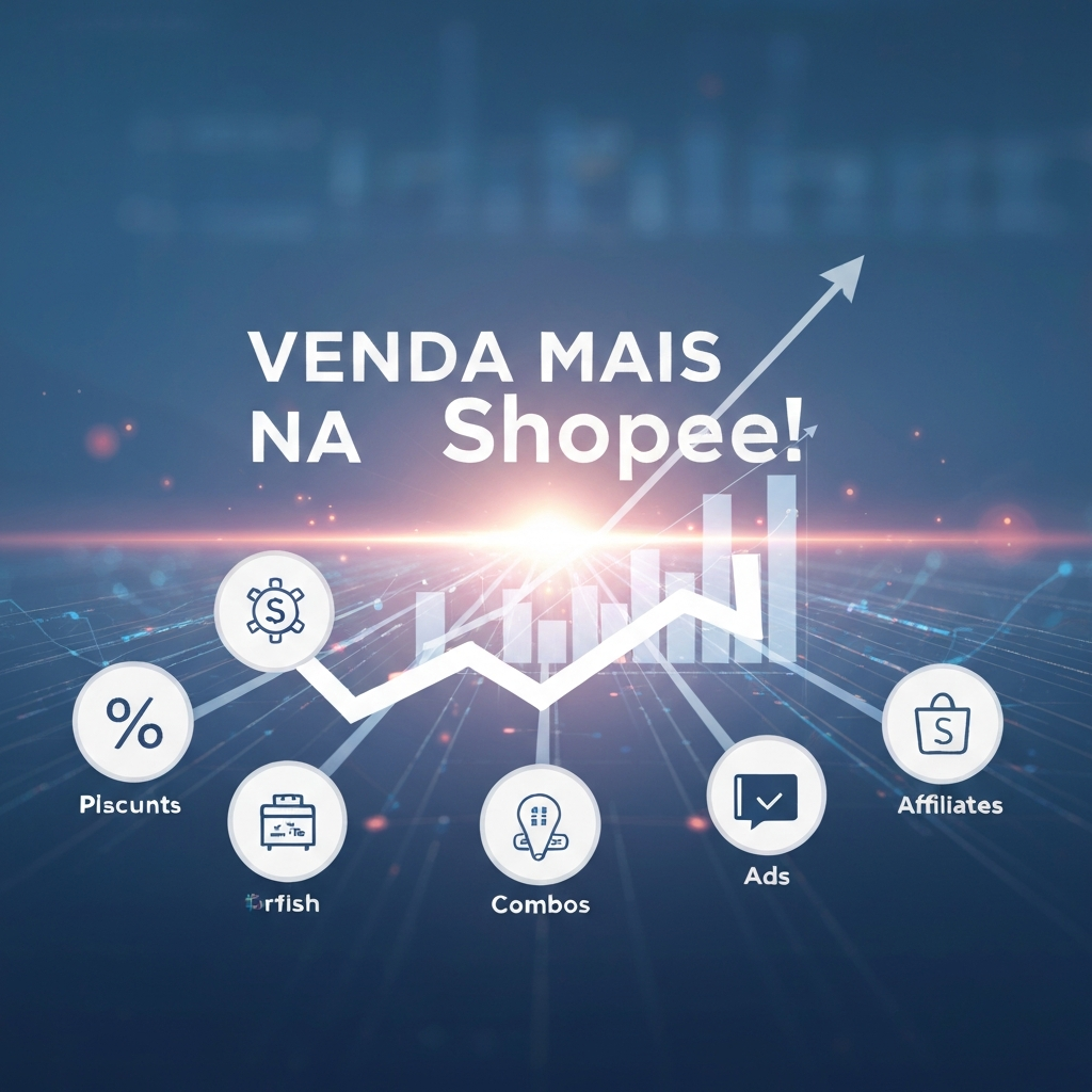 Imagem de um painel de controle digital moderno com gráficos de vendas em ascensão e ícones representando ferramentas de promoção da Shopee, com o título "Ferramentas de Promoção Shopee: Um Comparativo Completo para Vender Mais".
