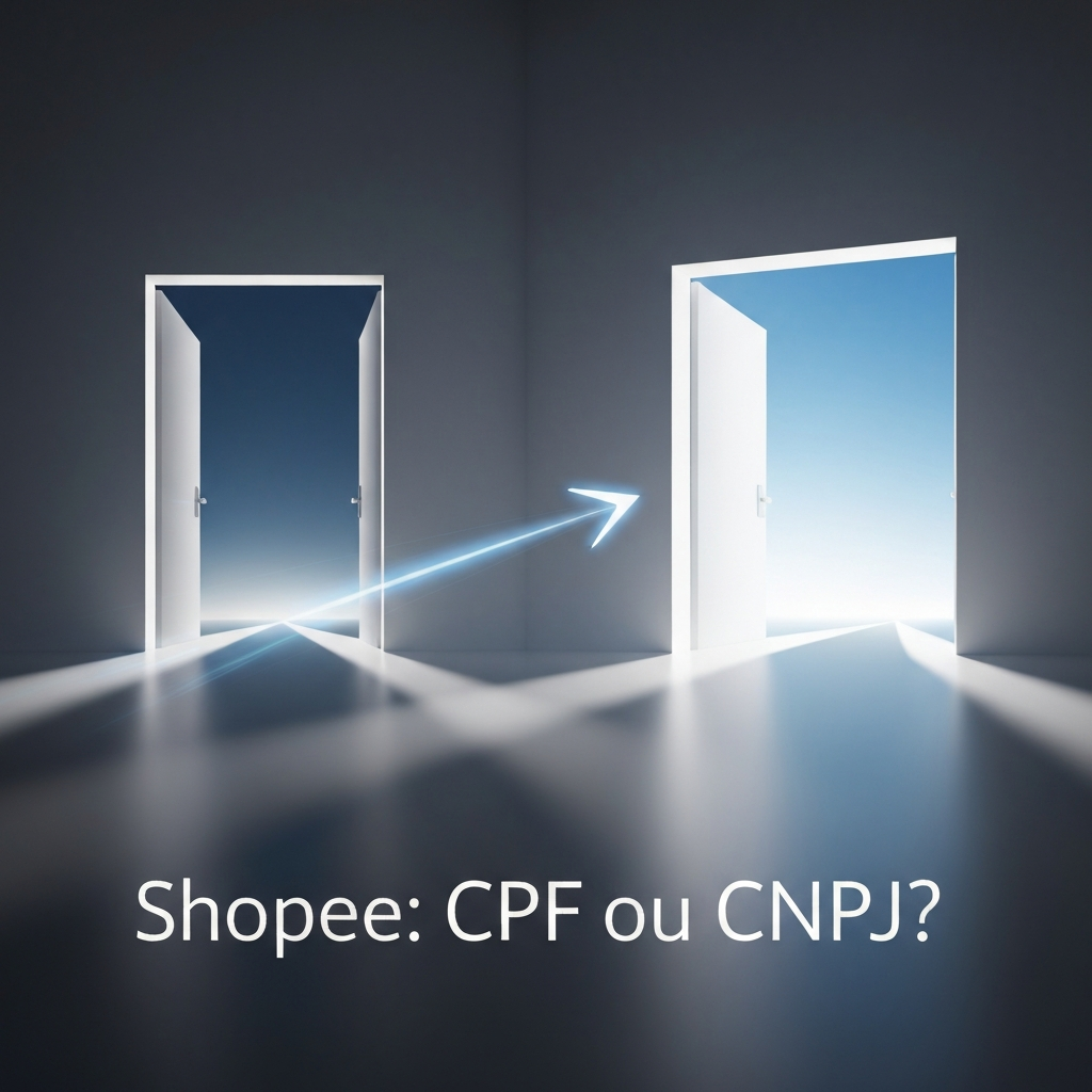 Imagem conceitual mostrando duas caminhos distintos, um simples e limitado (CPF) e outro amplo e estruturado (CNPJ), com uma luz guia apontando para o caminho de crescimento. A imagem ilustra a decisão crucial para iniciantes na Shopee sobre vender com CPF ou CNPJ, conforme o guia de decisão.