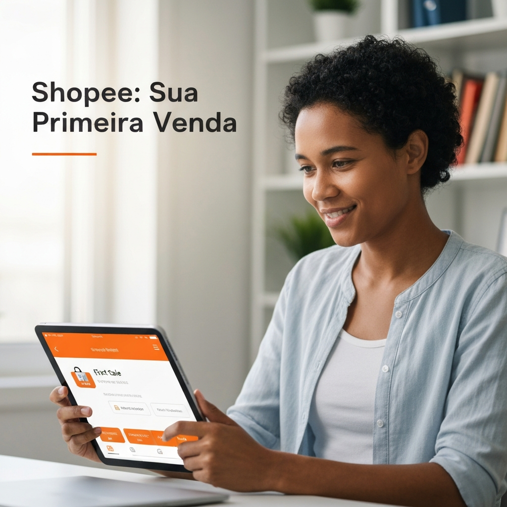 A confident young entrepreneur celebrating their first sale on Shopee, looking at a tablet displaying the seller interface with a 'first sale' notification, illustrating strategies for beginners with a low budget.