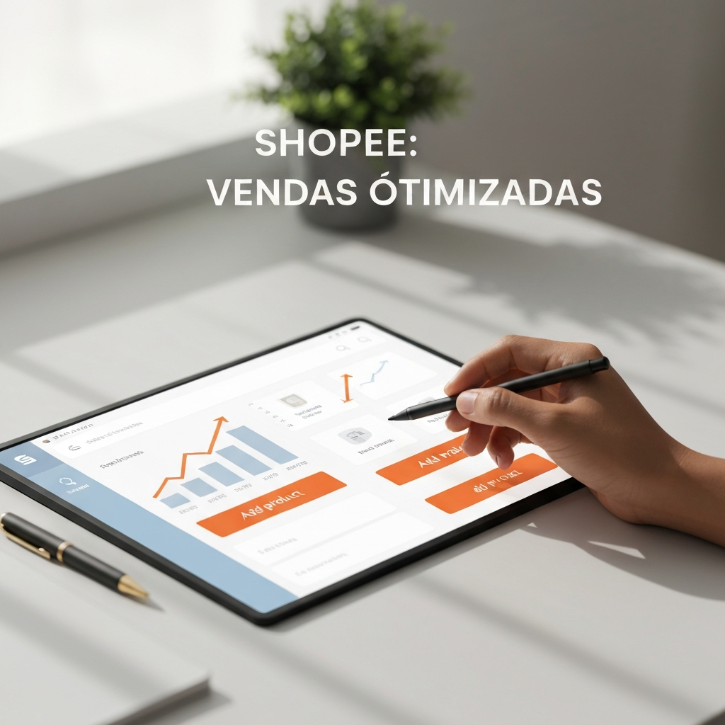 Uma visão aérea de uma mesa de trabalho moderna com um tablet exibindo a interface de um painel de vendedor da Shopee, mostrando opções de cadastro de produtos e gráficos de vendas. Uma mão interage com a tela, simbolizando o guia passo a passo para cadastrar produtos e otimizar vendas na Shopee.
