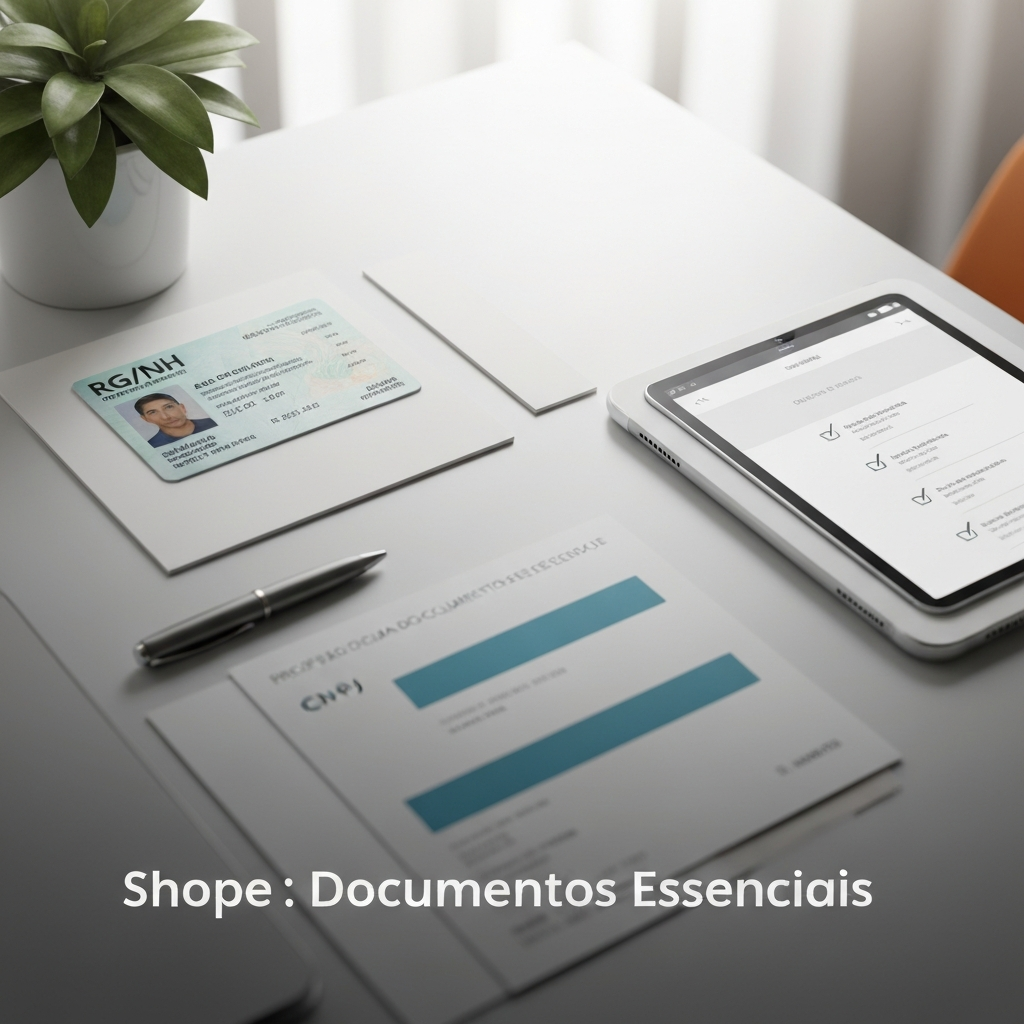 A flat lay image showing essential documents like a Brazilian ID card and a stylized business document, alongside a tablet displaying the Shopee interface, all neatly organized on a modern desk under bright light. This image illustrates the "Checklist Essencial: Documentos Necessários para Vender na Shopee" article, emphasizing the importance of proper documentation for online selling.