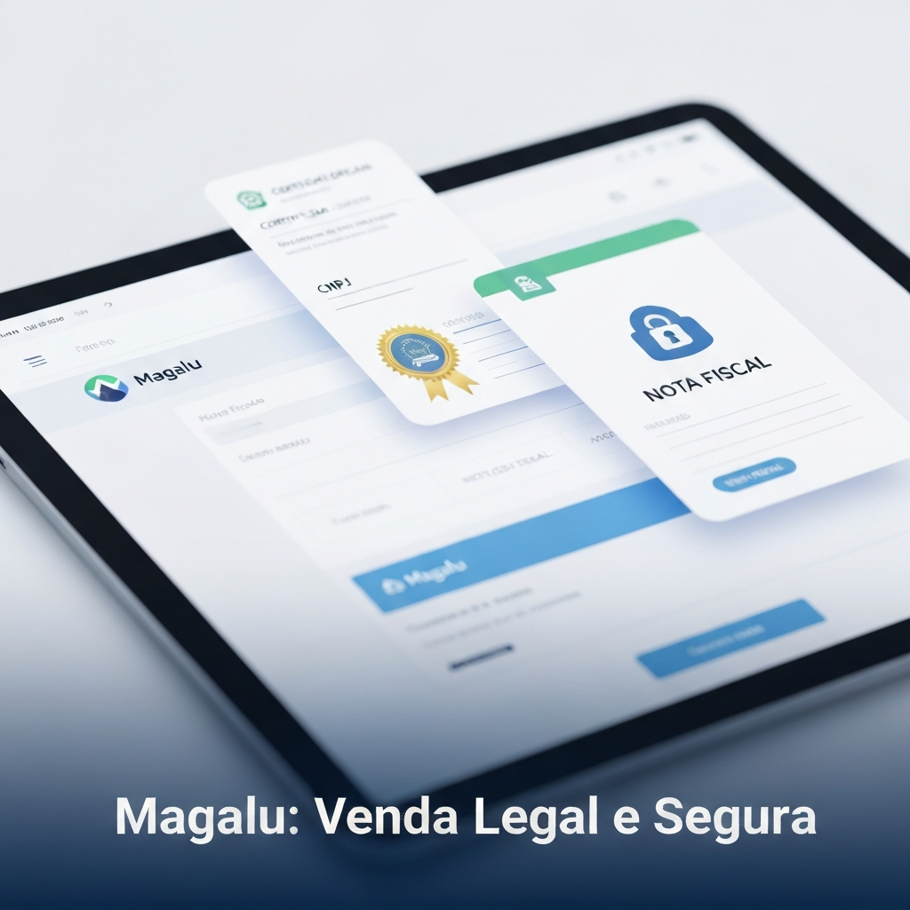 Digital illustration showing a tablet with a Magalu-like marketplace interface, surrounded by icons representing CNPJ, Nota Fiscal, and secure transactions, with the headline "Magalu: Venda Legal e Segura". This image visually represents the essential requirements for selling on Magalu Marketplace.