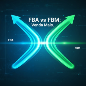 Abstract visual comparing FBA and FBM logistics models in Brazil, showing two converging paths (blue for FBA, green for FBM) leading to a growth arrow, with the headline "FBA vs FBM: Venda Mais." The image illustrates the strategic choice for maximizing sales on Amazon Brazil.