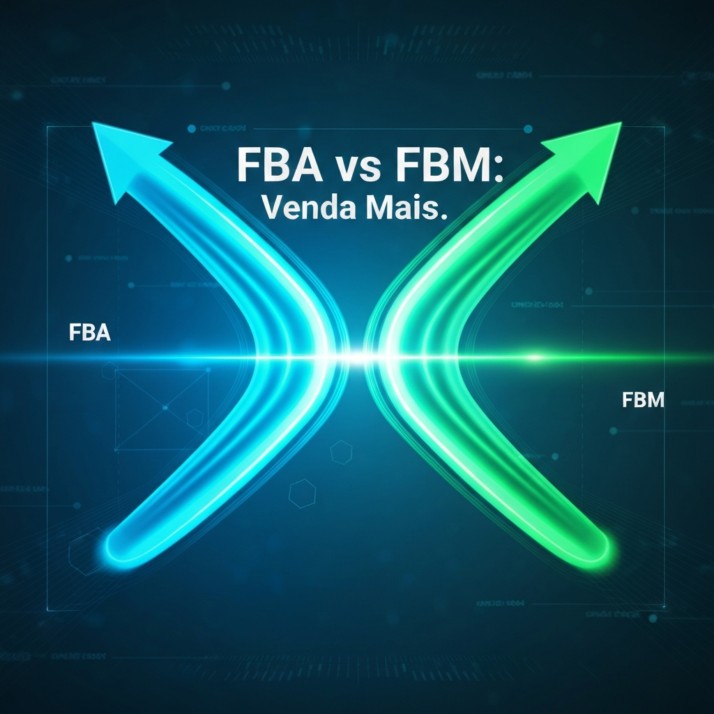 Abstract visual comparing FBA and FBM logistics models in Brazil, showing two converging paths (blue for FBA, green for FBM) leading to a growth arrow, with the headline "FBA vs FBM: Venda Mais." The image illustrates the strategic choice for maximizing sales on Amazon Brazil.