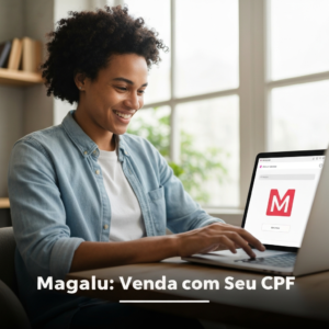 A young adult smiling while using a laptop in a modern setting, with the headline "Magalu: Venda com Seu CPF" overlaid, illustrating the guide to selling on Magalu with CPF as a Parceiro Magalu Divulgador.