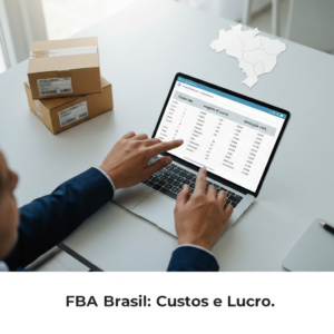 Imagem de uma pessoa usando uma planilha digital para calcular os custos do Amazon FBA no Brasil, com caixas de e-commerce e um mapa do Brasil ao fundo, ilustrando o guia completo e a planilha de cálculo de 2025.