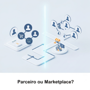A visual comparison between Parceiro Magalu and Magalu Marketplace, showing two distinct digital platforms with icons representing individual selling versus professional marketplace operations, illustrating the choice for sellers on which platform to choose for selling.