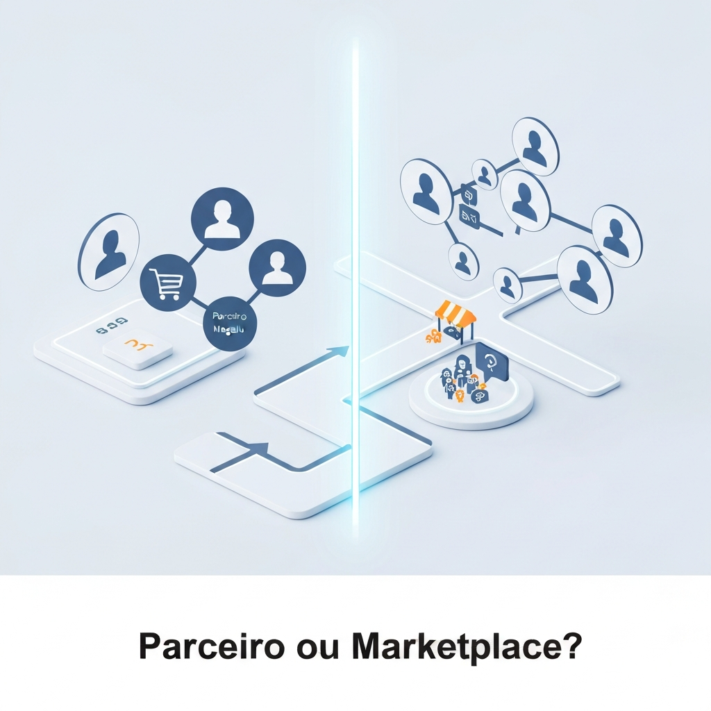 A visual comparison between Parceiro Magalu and Magalu Marketplace, showing two distinct digital platforms with icons representing individual selling versus professional marketplace operations, illustrating the choice for sellers on which platform to choose for selling.