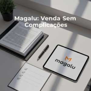 An overhead view of a professional desk with neatly organized business documents, a checklist being marked, and a tablet showing the Magalu logo, illustrating the 'Checklist de Documentos para Vender na Magalu: Não Esqueça Nada!' article.