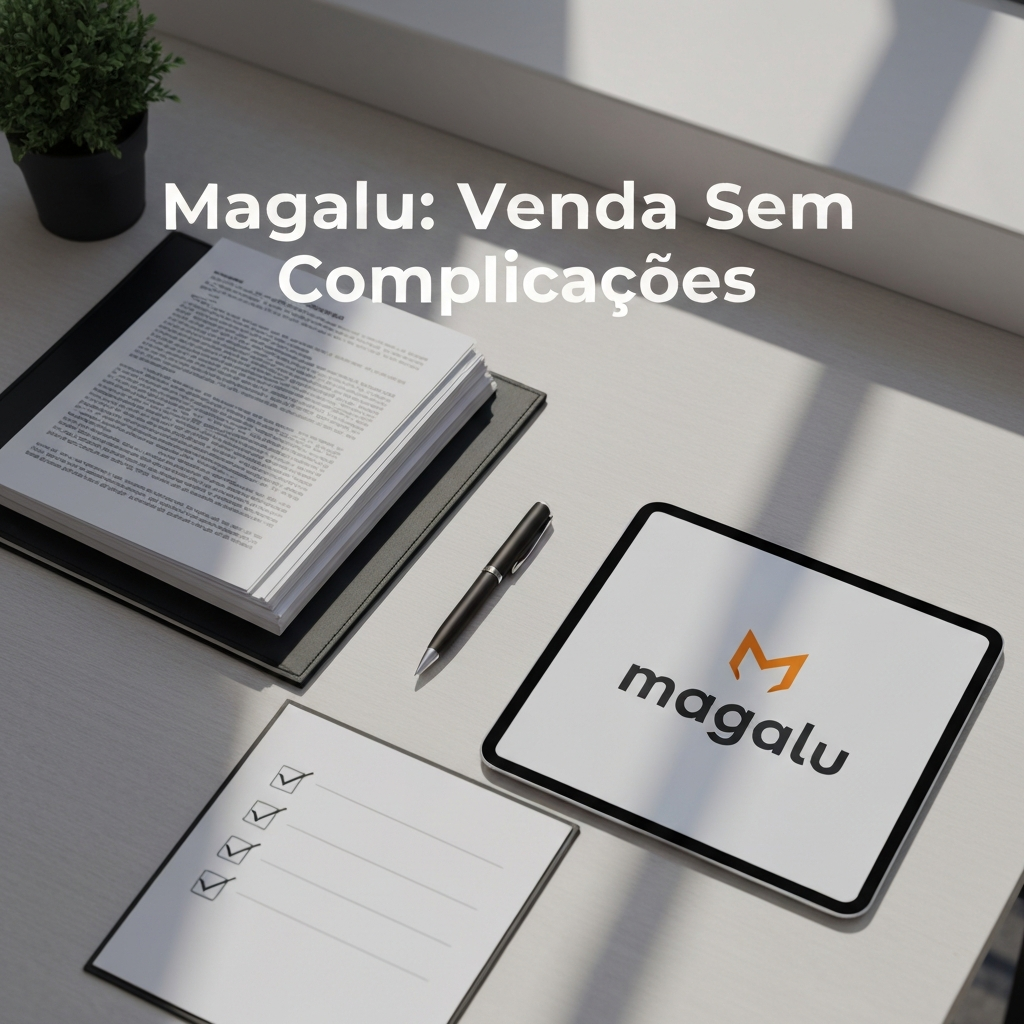 An overhead view of a professional desk with neatly organized business documents, a checklist being marked, and a tablet showing the Magalu logo, illustrating the 'Checklist de Documentos para Vender na Magalu: Não Esqueça Nada!' article.