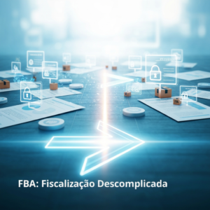 Imagem conceitual de um caminho claro e iluminado através de documentos fiscais e elementos de e-commerce, simbolizando a simplificação dos requisitos fiscais para Amazon FBA, incluindo CNPJ e Inscrição Estadual.