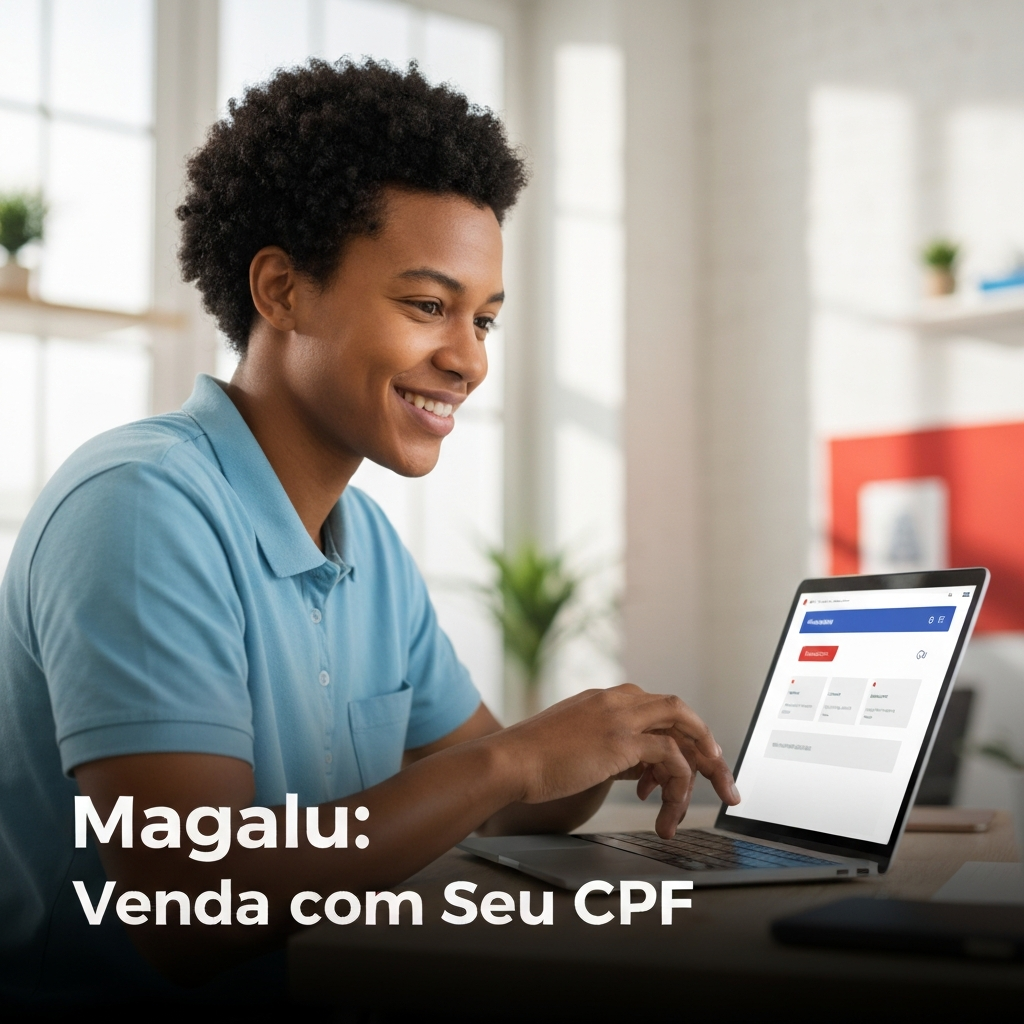 A person confidently using a laptop to manage an online store, with the headline "Magalu: Venda com Seu CPF" overlaid. This image illustrates the guide on "Como Vender na Magazine Luiza com CPF: Guia Completo do Afiliado Magalu", highlighting the ease of becoming a Magalu affiliate.