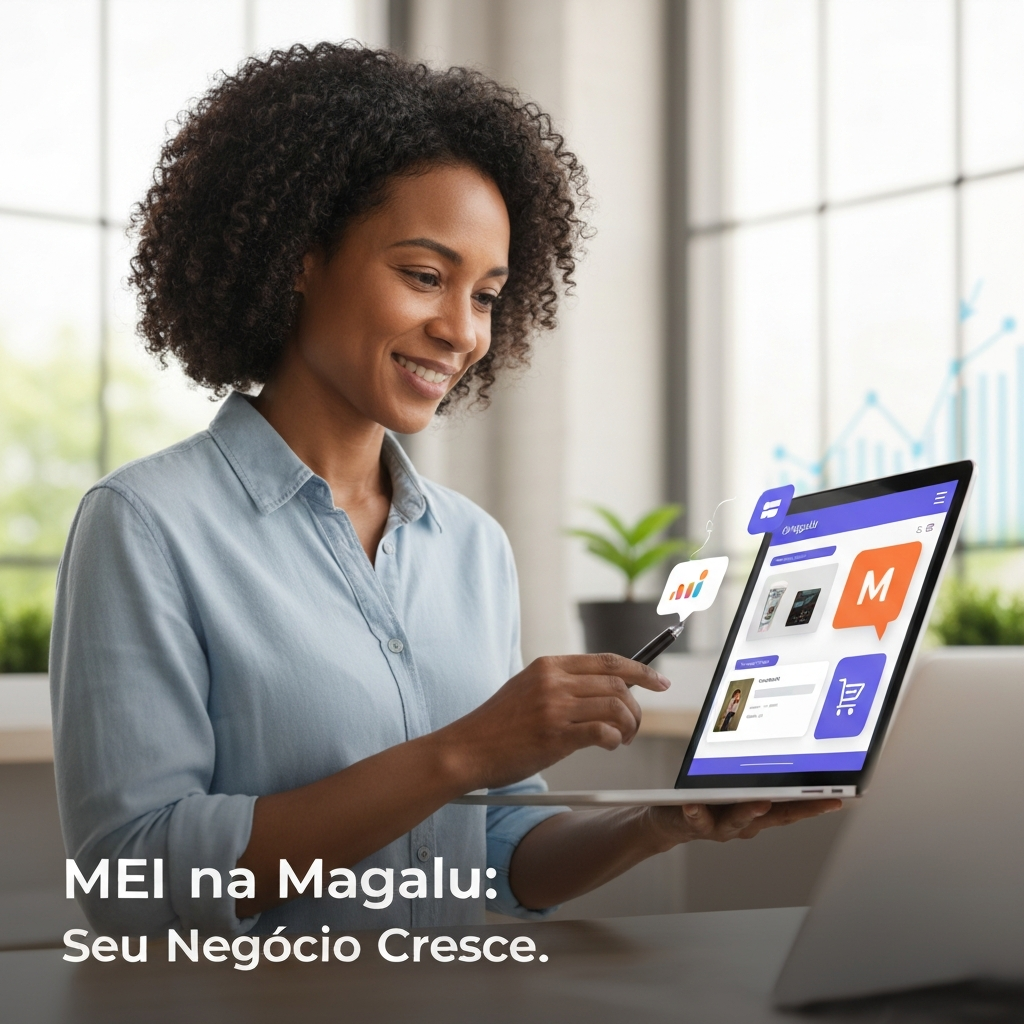 Imagem de um microempreendedor individual (MEI) utilizando um tablet para vender produtos na plataforma Magalu, com o texto "MEI na Magalu: Seu Negócio Cresce." sobreposto. A imagem ilustra o guia passo a passo para MEIs começarem a vender no marketplace da Magalu.