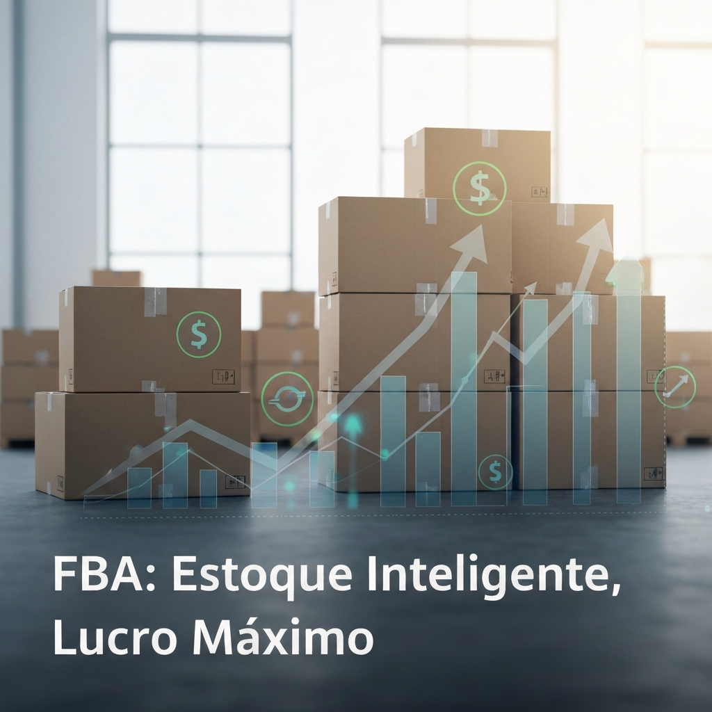 Imagem conceitual de um armazém FBA moderno e organizado com caixas empilhadas e elementos digitais de otimização de dados, representando as 5 estratégias para evitar taxas de armazenamento na gestão de estoque FBA.