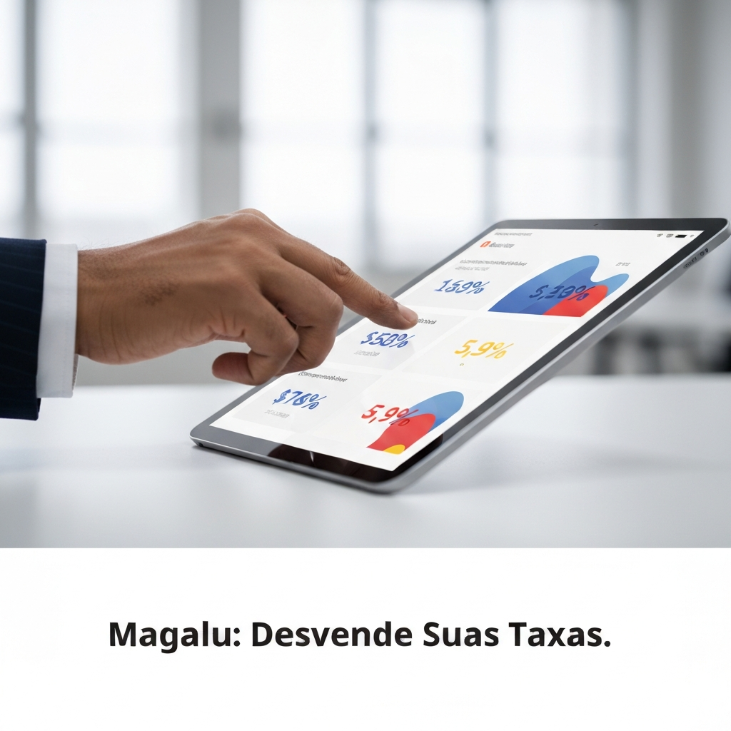 A professional hand interacting with a digital tablet displaying financial data and percentages, with the headline "Magalu: Desvende Suas Taxas." overlaid. This image illustrates the article "Comissão Magazine Luiza: Quais são as Taxas para Vender no Marketplace?" by visually representing the clarity and understanding of marketplace fees.