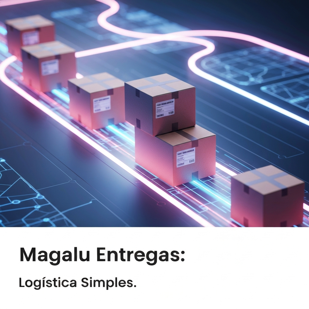 Imagem de capa para o artigo "Magalu Entregas para Vendedores: Guia Completo de Como Funciona e Otimiza a Logística". Mostra pacotes de envio em um fluxo logístico digital, com cores vibrantes e o texto "Magalu Entregas: Logística Simples."