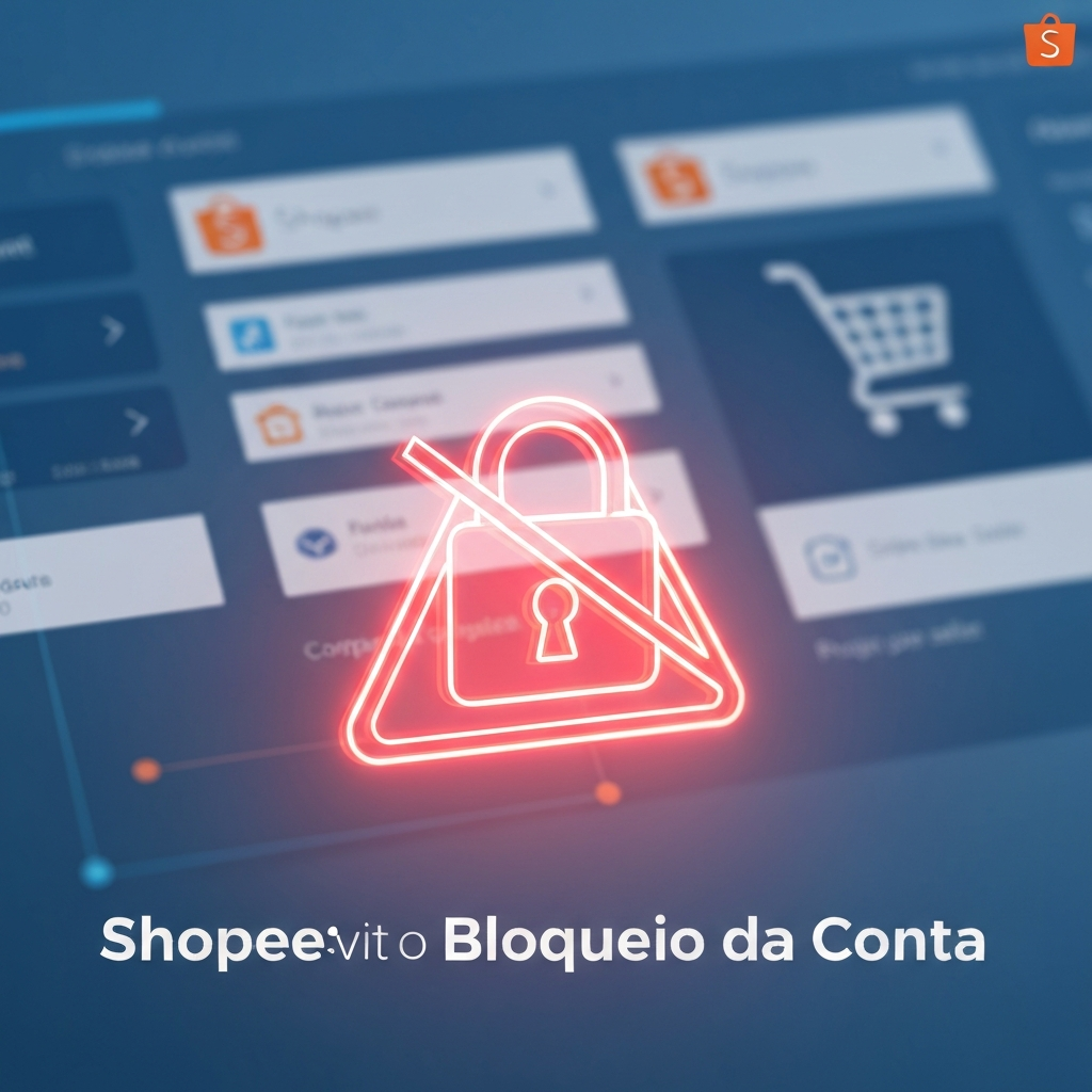 Uma ilustração digital moderna mostrando um sinal de 'PARE' vermelho ou um ícone de cadeado sobre uma interface borrada da Shopee, com o título 'Shopee: Evite o Bloqueio da Conta'. A imagem representa visualmente as principais violações das políticas da Shopee que causam o bloqueio de conta e enfatiza a prevenção.