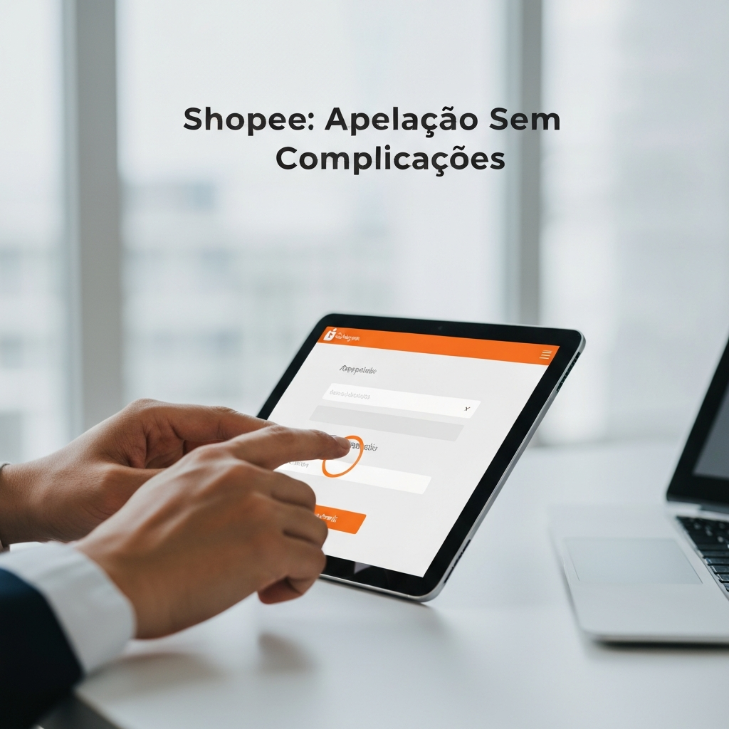 Hands interacting with a tablet displaying a digital appeal form, with the headline "Shopee: Apelação Sem Complicações", illustrating the detailed guide on how to fill out the Shopee appeal form for account issues.