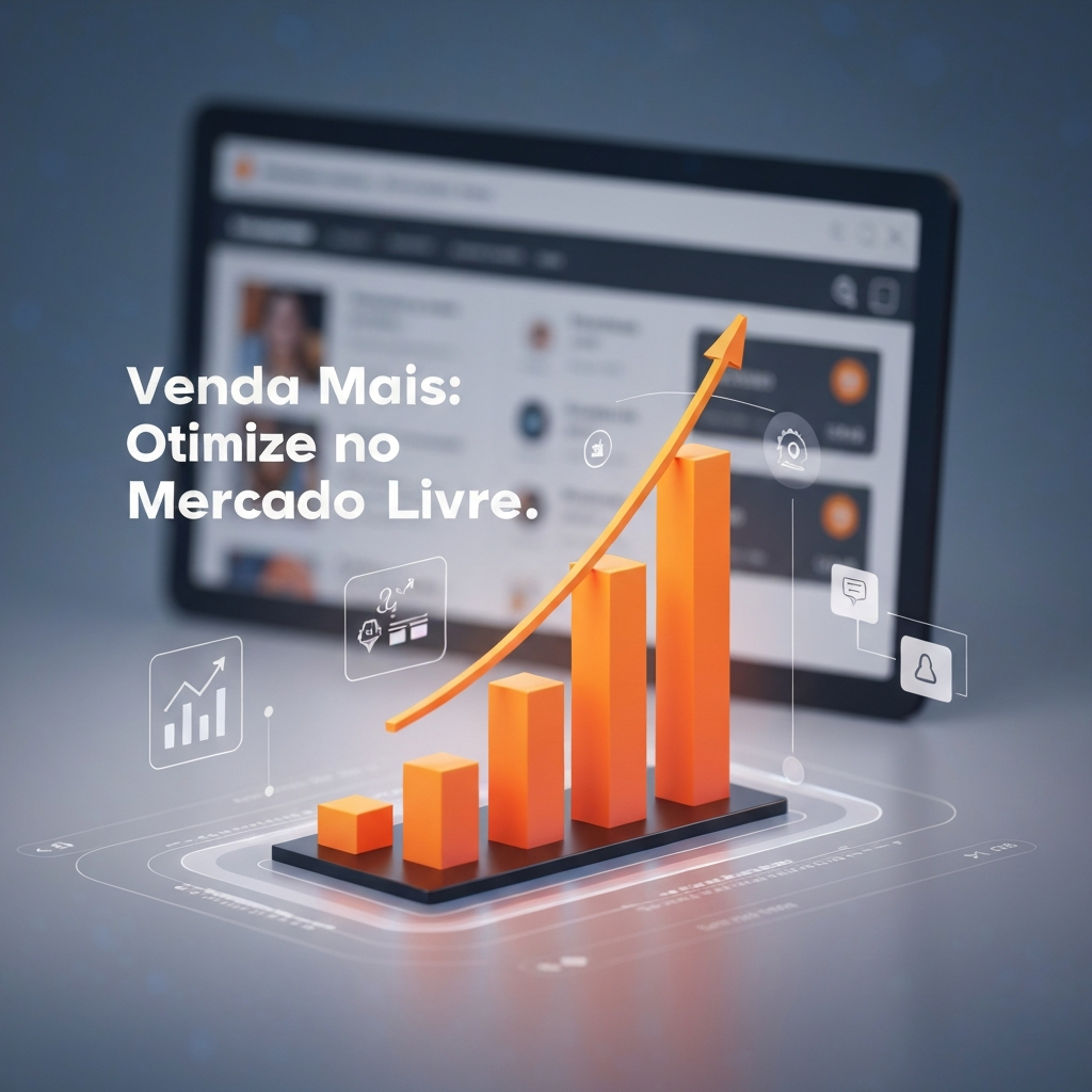 Digital illustration showing an upward sales graph and e-commerce analytics, with the headline "Venda Mais: Otimize no Mercado Livre.", representing strategies to optimize ads and sell more on Mercado Livre as detailed in "Como Otimizar Anúncios no Mercado Livre e Vender Mais: O Guia Definitivo".